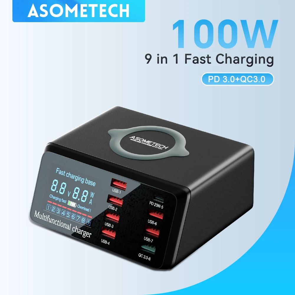 ASOMETECH 100W 8 Port USB Charger Staion With Wireless Charging,LED Digital Display,QC3.0 PD Quick Charger For iPhone 14 13 12