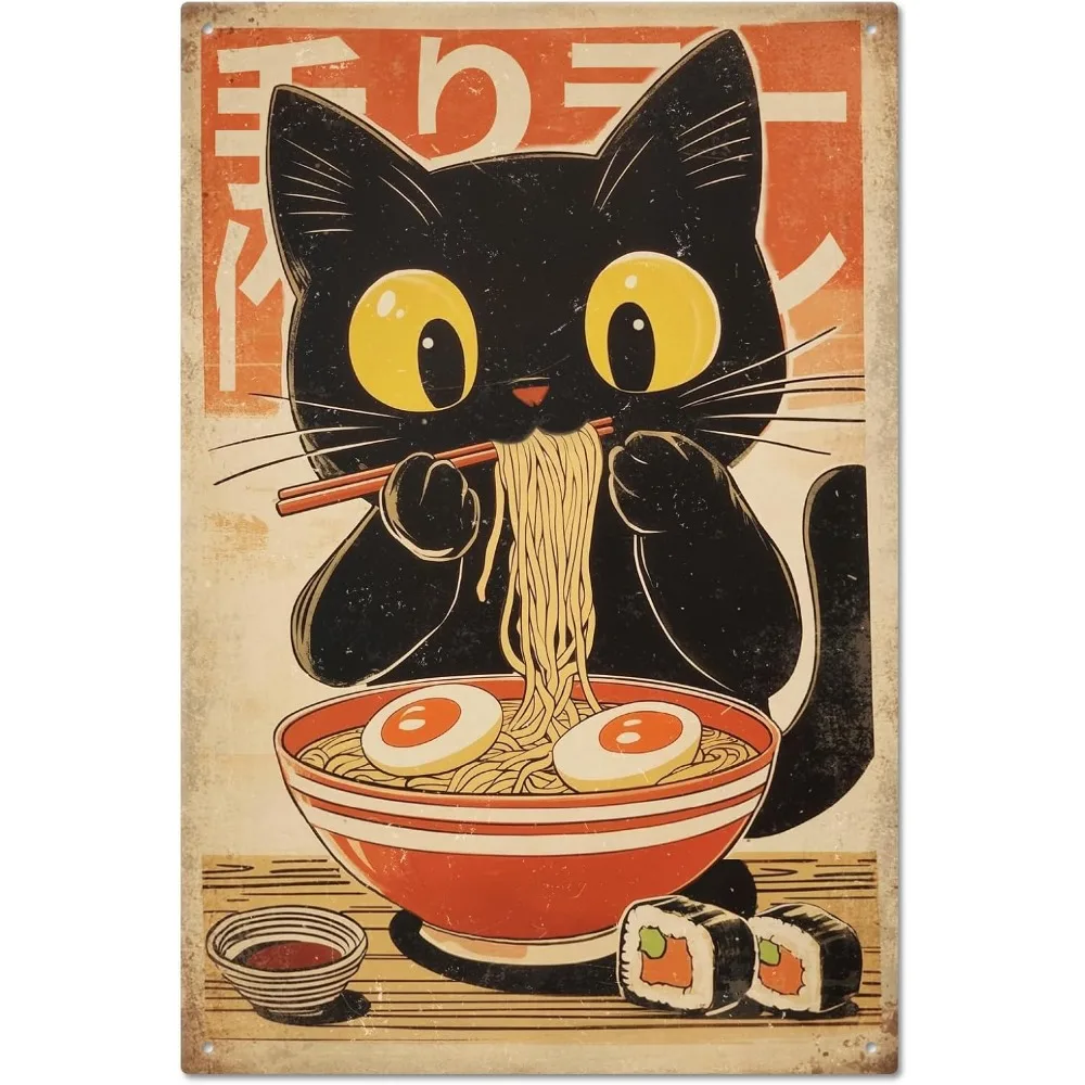 Ramen Cat Blechschild, Ramen Metallschild, Vintage Metallschild, 12×8 Zoll, lustige Wanddekoration, Blechschilder für Zuhause, Bauernhof, Bar, Café