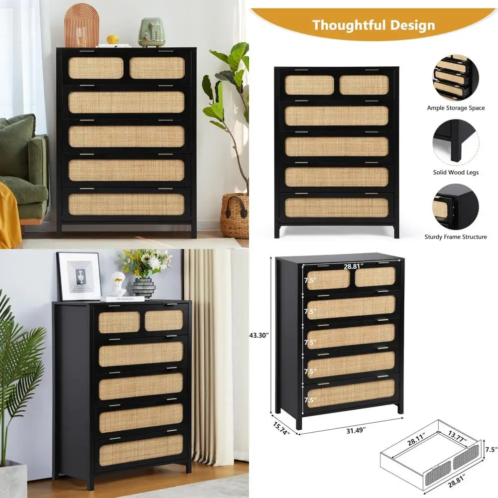 Rattankommode mit 5 Schubladen für Schlafzimmer: Aufbewahrungsschrank aus Holz mit Korbdesign