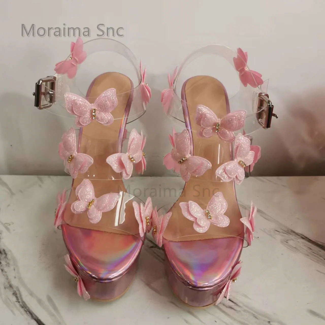 Pink Butterfly Stiletto Platform Sandals for Women Pvc Transparent Super High Heels Sandals Sweet Large Size Summer Party Shoes