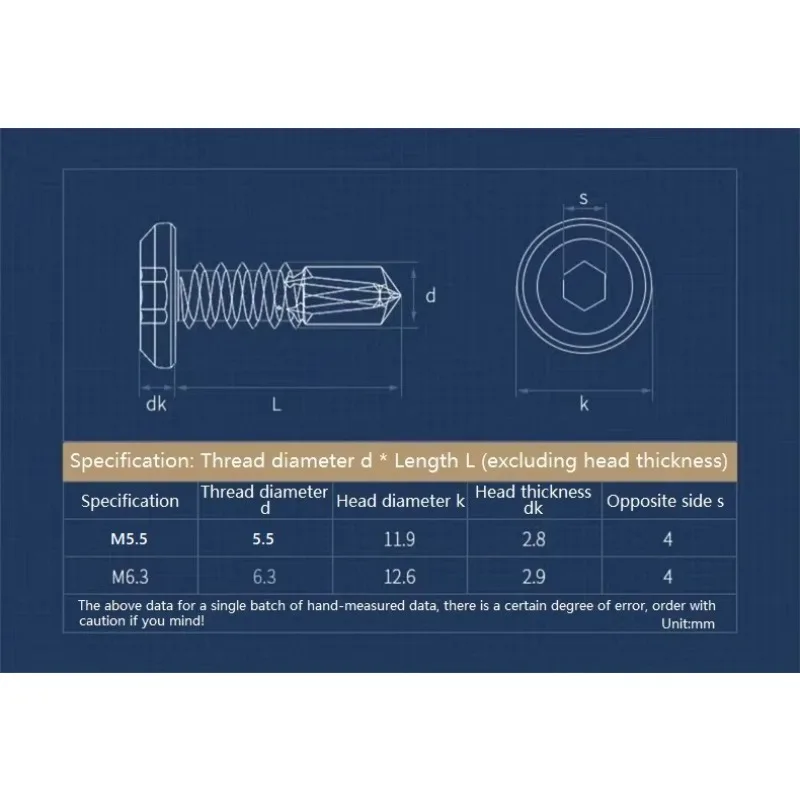M5.5 M6.3 Black 410 Stainless Steel Allen Hex Hexagon Socket Flat Head Self-tapping Screw Drilling Tail Bolt