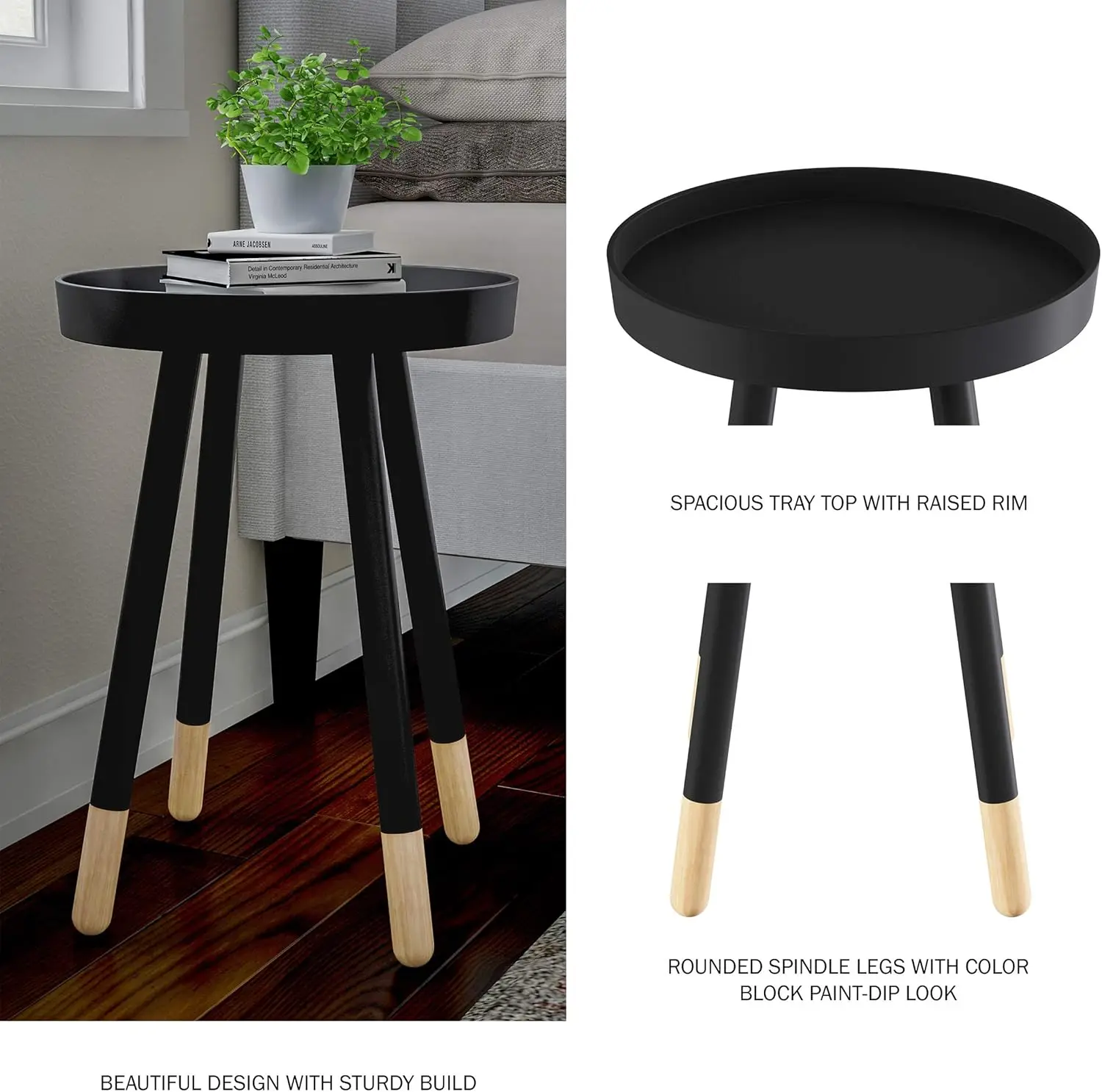 

Round End Table – Wooden Mid-Century Modern Stand With Tray Top To Hold Drinks Or Display Décor – Accent Table Or Nightstand By