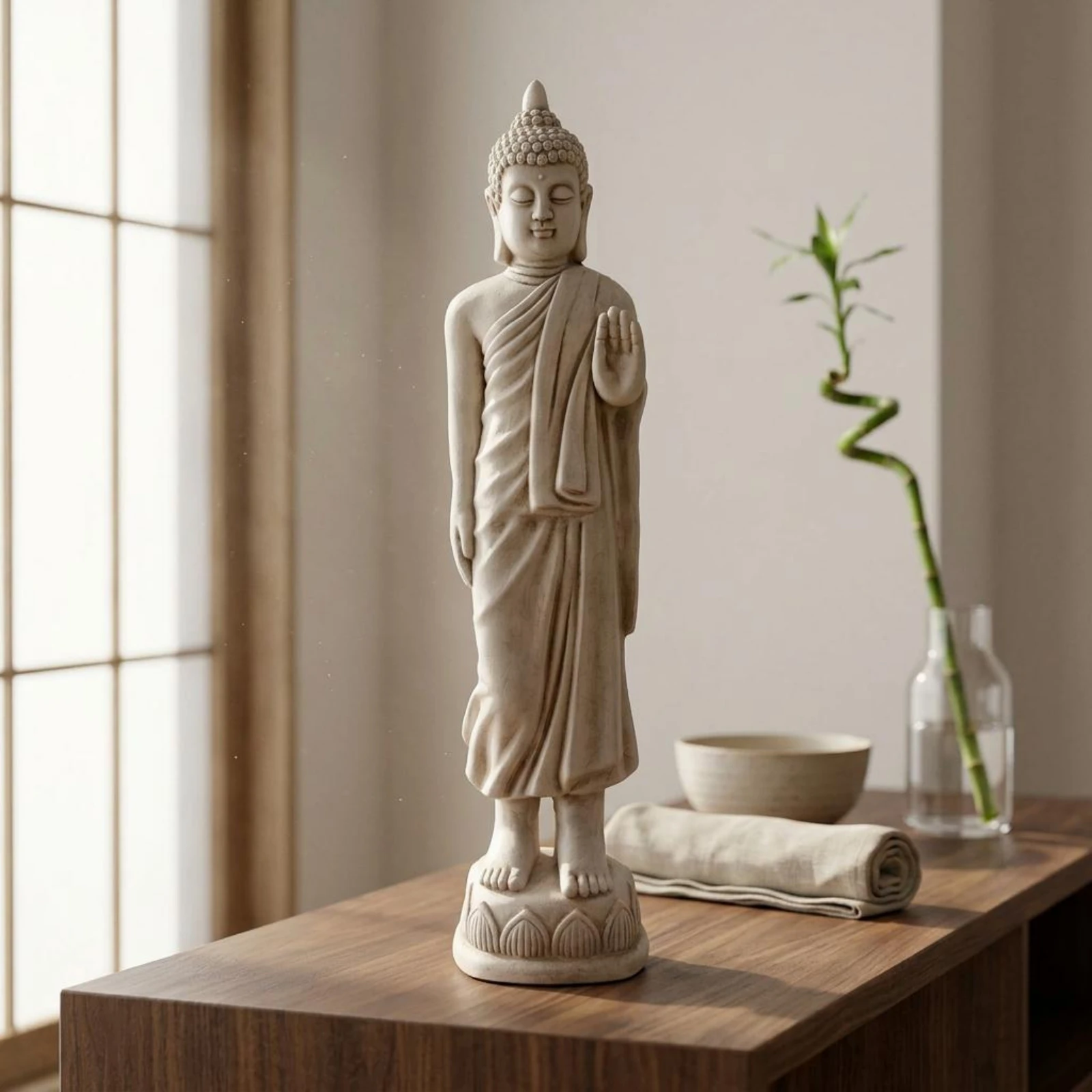 Lotus Base Buddha Statue Zen Inspired Standing Buddha Figurine Decor Item Textured Hair Curls Easy to Clean for Display