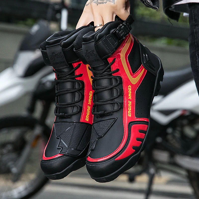 New Men Motorcycle Boots Black Leather Biker Shoes Motocross Boots Protective Gear Shift Rubber Sole Women Motorbike Shoes