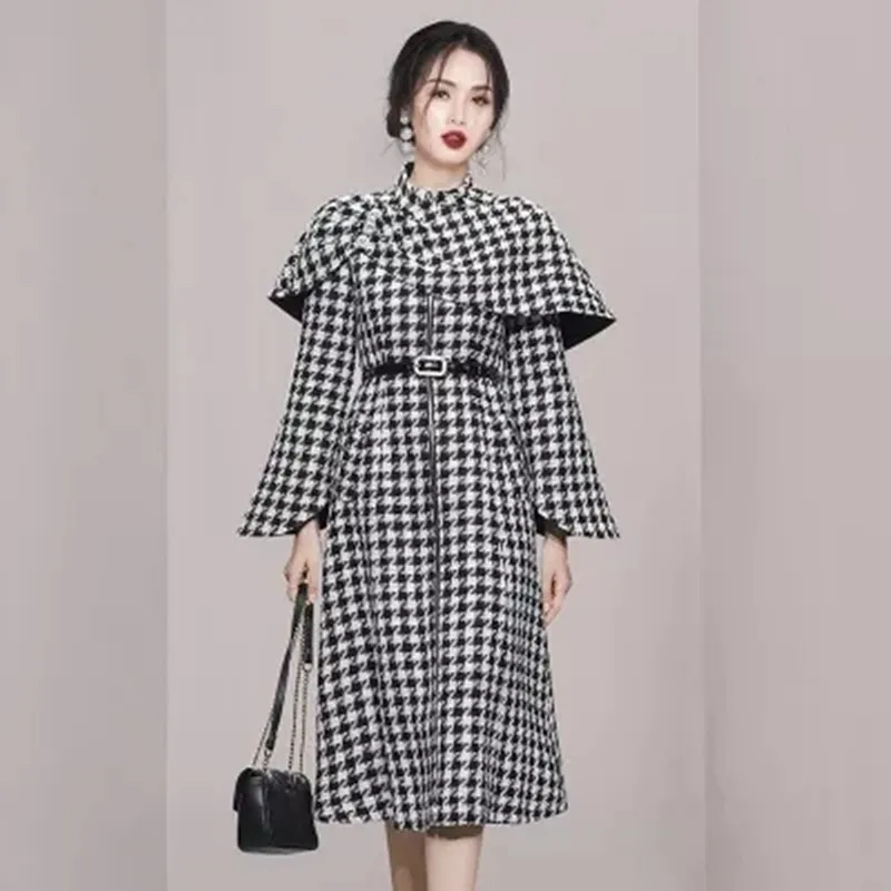 

Fashion New Stand Collar Zipper Flare Sleeve Houndstooth Woolen Coat Curved Cape 2 Piece Set Women Fall Winter Korean Outerwear