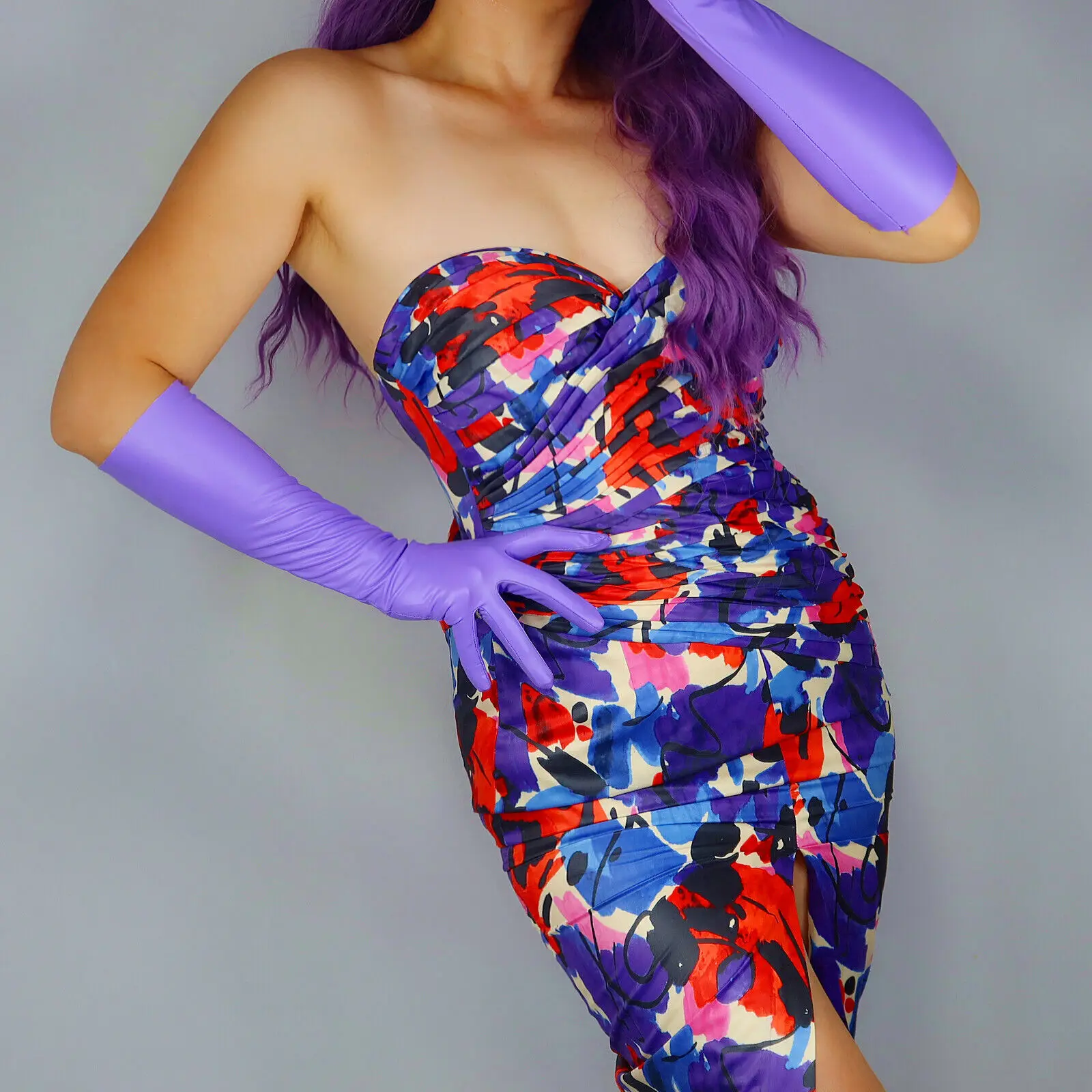 Purple Rubber GLOVES Extra Thin 2nd Skin Faux Leather LATEX Like 40cm Arm Long FITTED Evening Opera Party Fashion Cosplay Glove