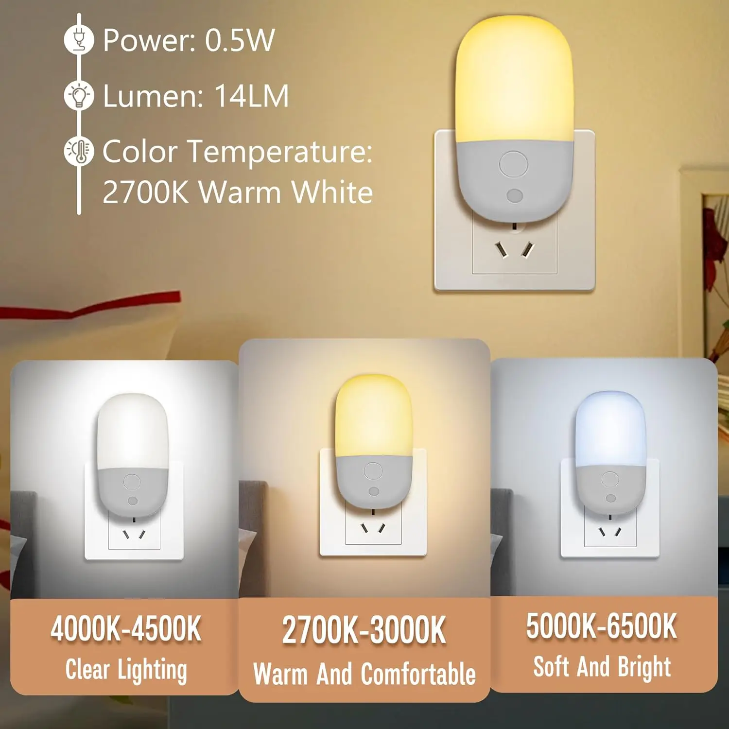 2 PACK Children's Night Lights with Dusk Sensor, Electric Socket 3 Levels of Adjustable Brightness, Auto On/Off Modes