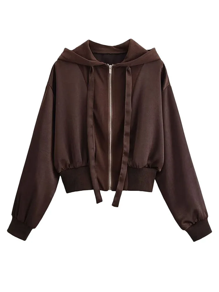 

HH Women Fashion Versatile Splicing Texture Zipper Hooded Jacket Female Temperament High Street Casual Long-Sleeved Short Jacket