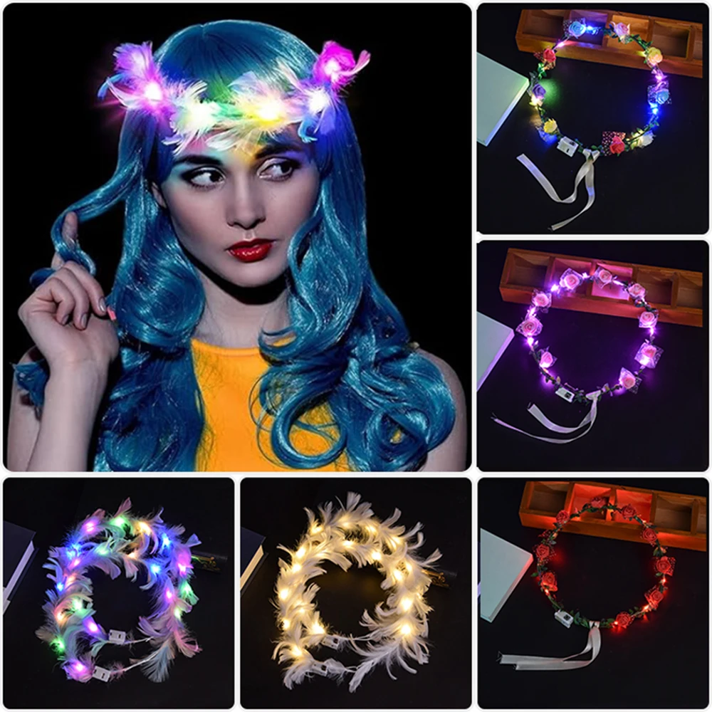 Glowing Floral Wreath Crowns Halloween Beer Party Concert NightClub Christmas Light Up Headband For Women LED Flower Headband