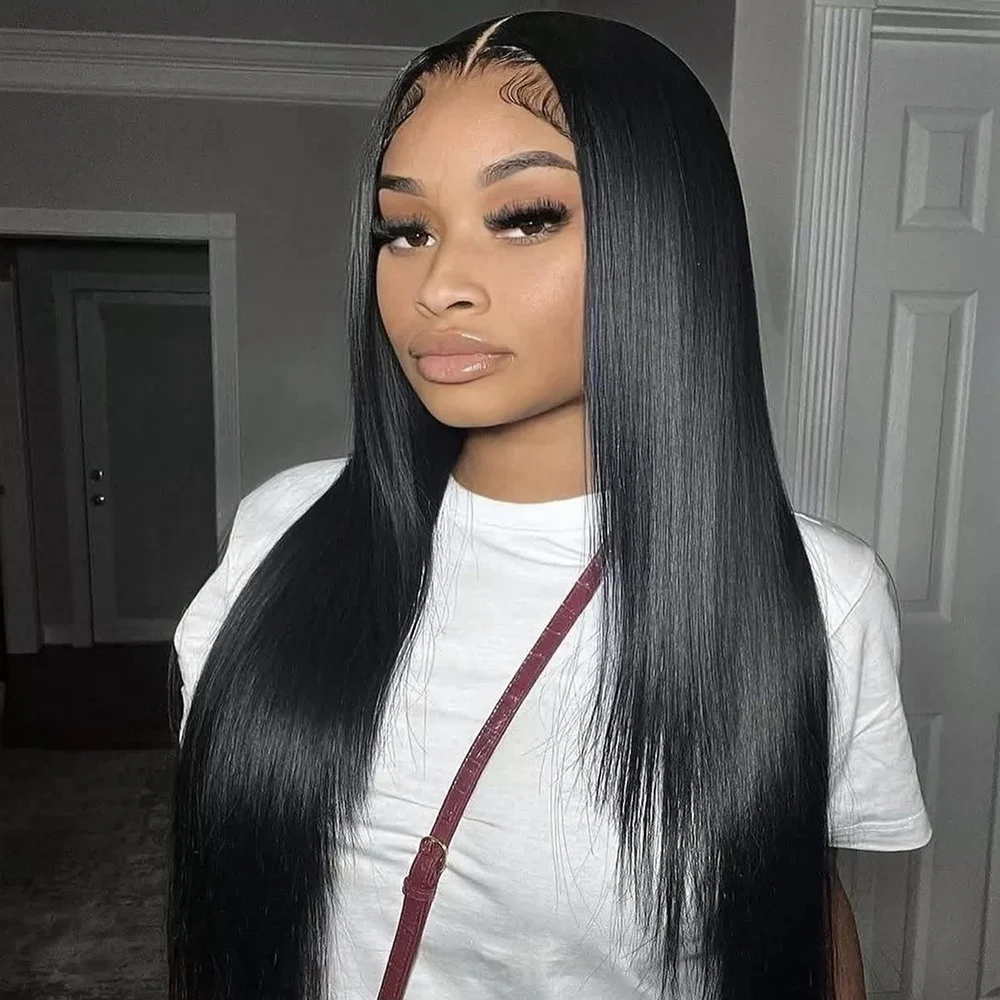 Glueless 7x6 Lace Frontal Straight Human Hair Wig 46 Inch Extra Long Natural Color Pre Plucked No Glue Natural Looking Long Wigs For Women