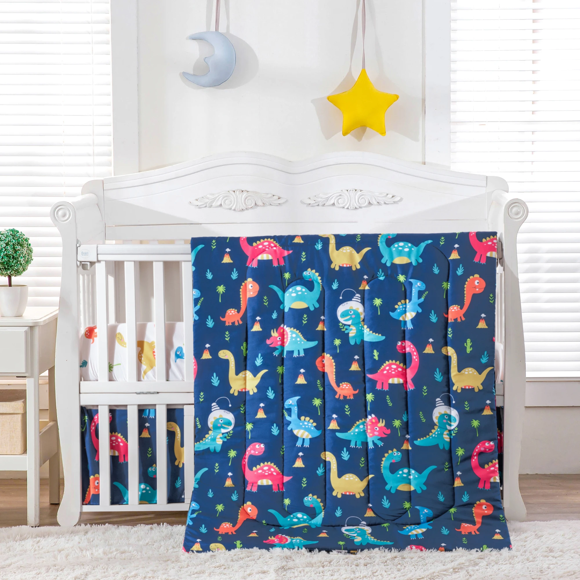 3 Piece Blue Dinosaur Crib Bedding Set Infant Nursery Baby Room Decor Breathable (Crib Comforter Fitted Sheet Crib Skirt)