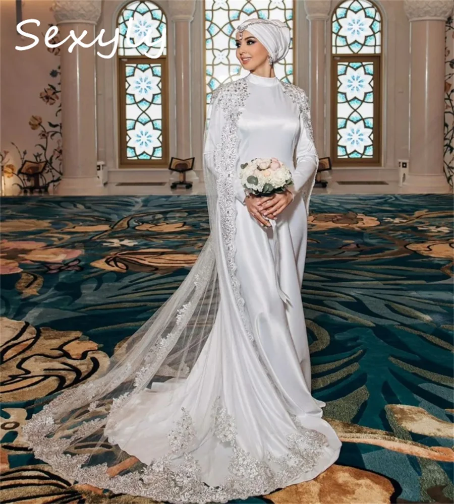 Arabic Islamic Muslim Wedding Dress With Cape Long Sleeve Silver Appliques Lace Abayas Bride Dress Muslimah Bridal Customized