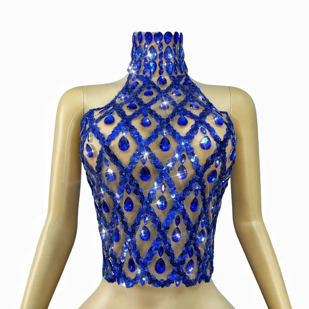 Shaokaojia-corsé ajustado con diamantes de imitación, color azul brillante, Sexy, sin espalda, transparente, Top corto de malla, traje de actuación de bailarina de Bar