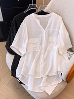 150Kg Plus Size Women's Bust 168 Summer Loose Cotton Wrinkled Shirt Solid Color Large Pocket Top Black White 5XL 6XL 7XL 8XL 9XL