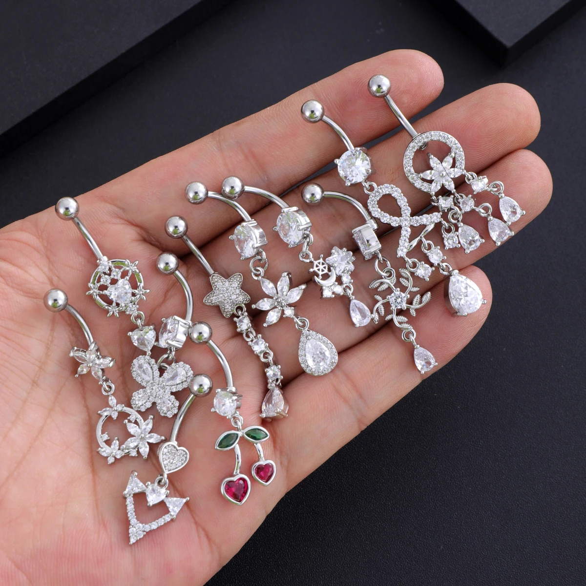 Mixed-Style Long Dangled Belly Button Ring Gold Color Wind Chime Chandelier Cherry Crystal Belly Navel Piercing Nombril Jewelry