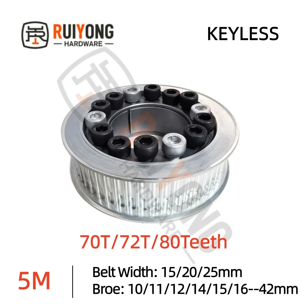 

70T/72T/80Teeth HTD5M Keyless Bushing Timing Pulley Expansion Sleeve Synchronous Wheel for Belt Width 15/20/25mm