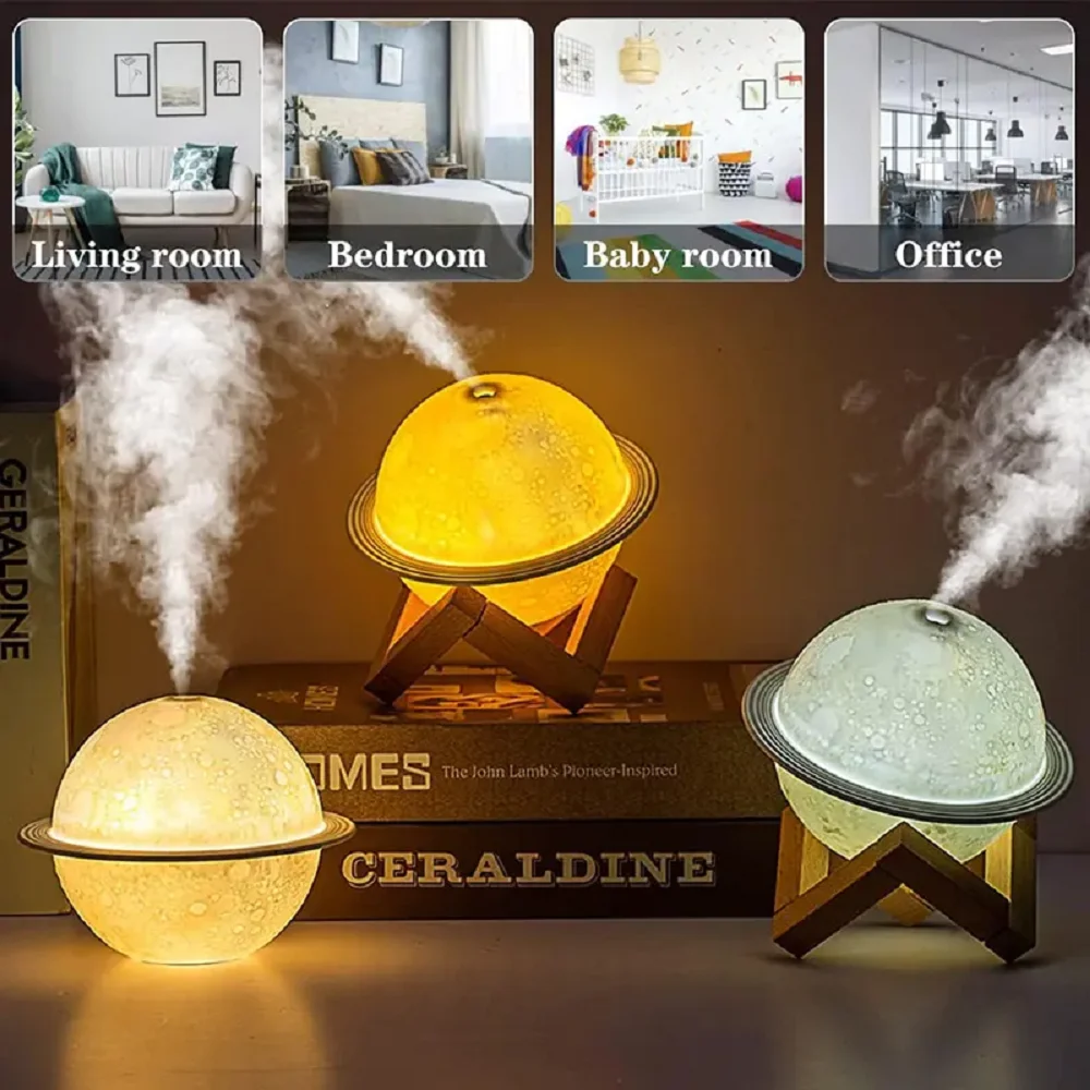 2-in1 Moon Planet Humidifier 3 Colors LED Night Light Portable USB Mini Aromatherapy Diffuser 2 Modes Kids Gift Home Decor 200ml