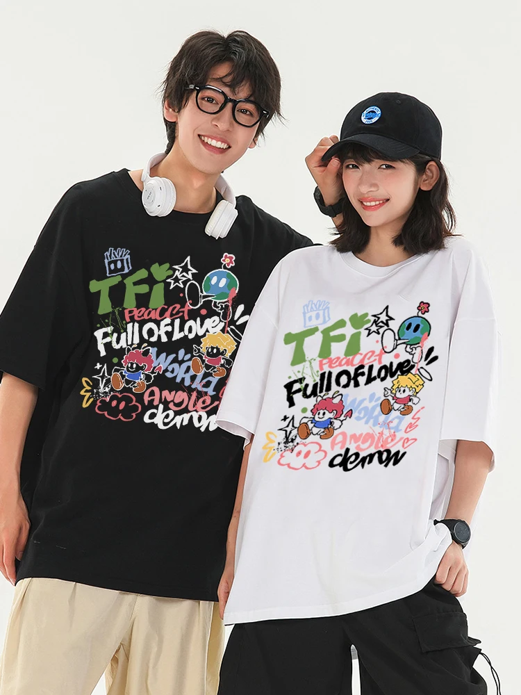 French Fries Ghost Pattern Couple 2024 New Summer Cotton T-shirt Fashion Trend Loose T-shirt