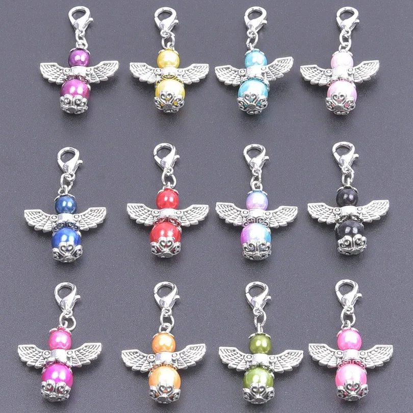 12pcs Guardian Angel Beads Wings Pendants Charms Handmade Lobster Clasp DIY Jewelry Making Baptism Bracelet Necklace Pendants