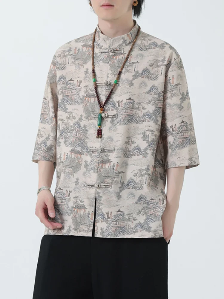 

New Chinese Sle Loose Fit Thin ort Sve irt Men's Summer Breathable Button up Stand Collar Large Size Printed Top