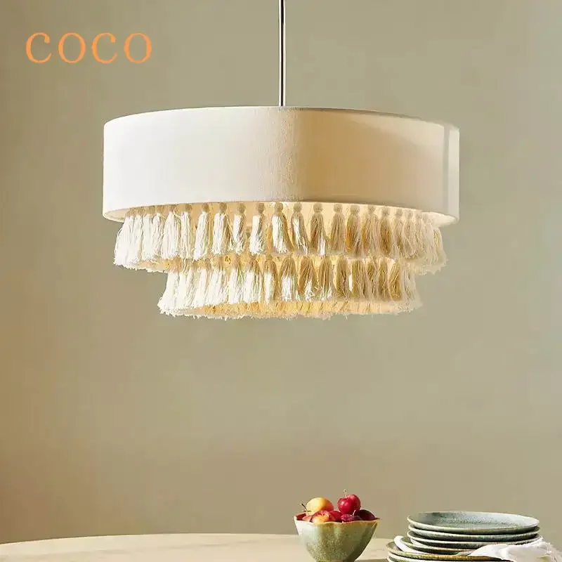 

Bohemian fabric pendant light Wabi Sabi retro white tassel lampshade suitable for living room, bedroom, dining room lighting