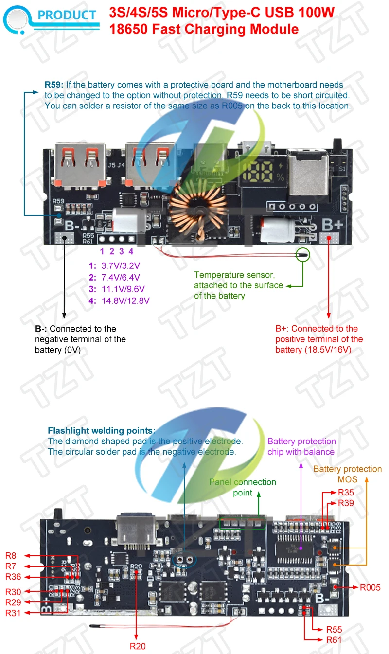 TZT 1/3 Stück QC4.0 QC3.0 LED Dual USB PD Schnellladung 5A 100W Micro/Typ-C USB Mobile Power Bank 18650 Lademodul – Detail 14