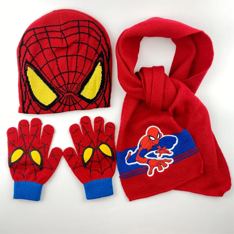 3pcs Disney Childrens Hat Glove Set Baby Boys Knitted Hat Cartoon Warm Scarf Cosplay Toy Spiderman Christmas Gift for Chridern