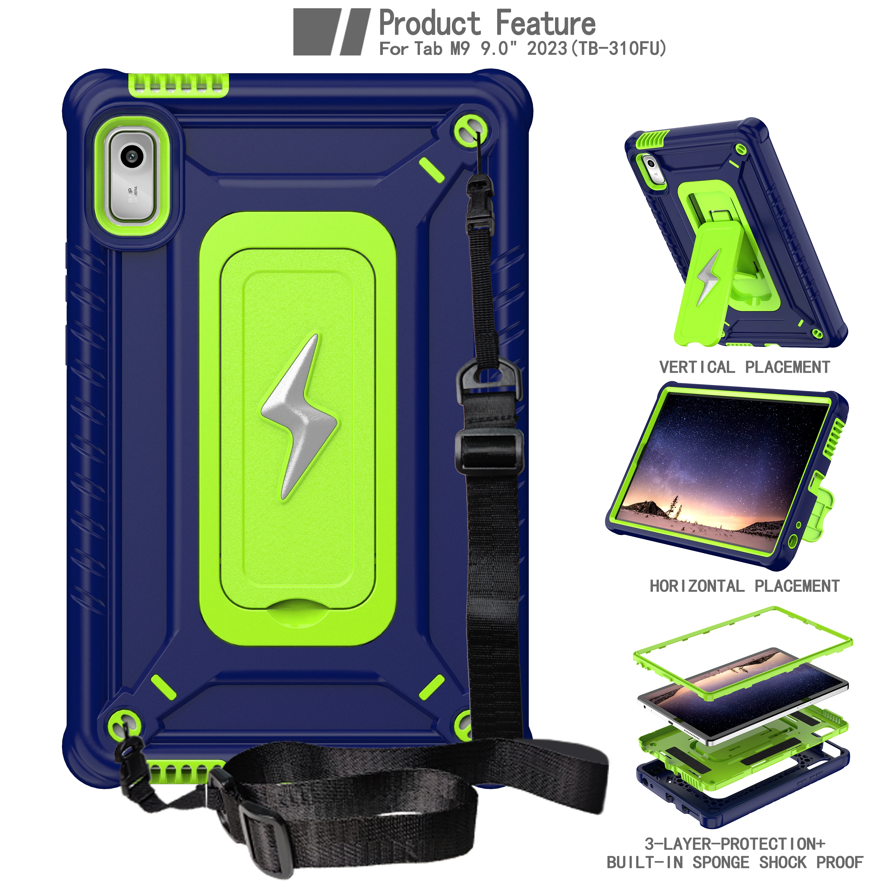 

Гибридный чехол для Lenovo Tab M9 2023, модель 9,0 дюйма TB310FU TB310XU, встроенный функциональный противоударный чехол-подставка с плечевым ремнем