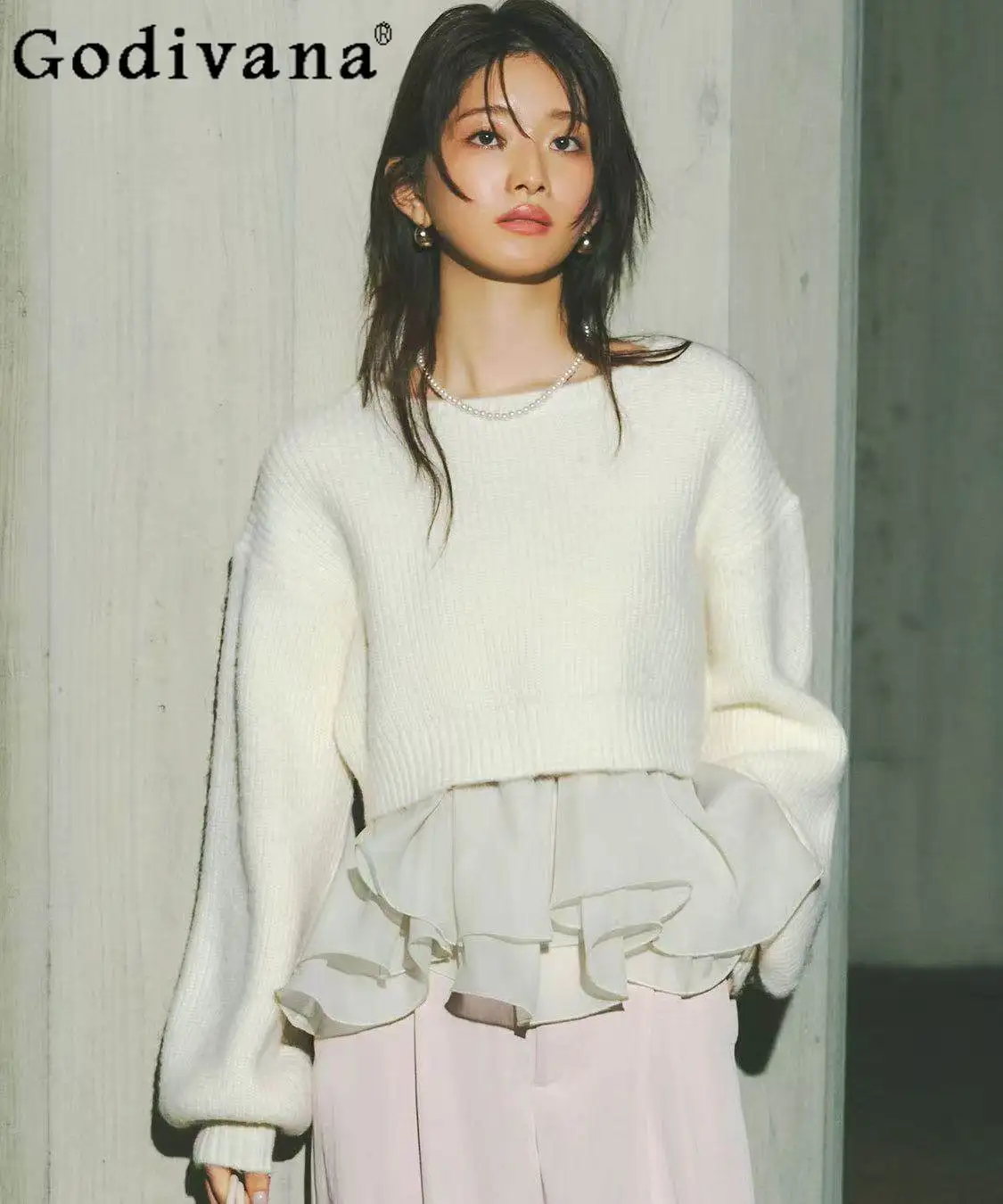 

Japanese Style Original Gentle Sweet Lady Knitted Sweater Ruffled Original Round Neck Long Sleeve Camisole Set 2026 New Model