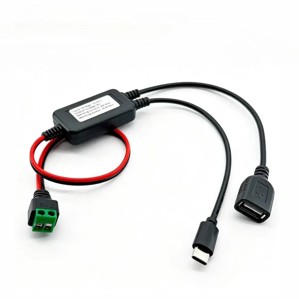 DC12V / 24V to 5V Converter Cable 2 pin Solderless Terminal to USB-A/Type-C Step Down Charging Adapter Cable
