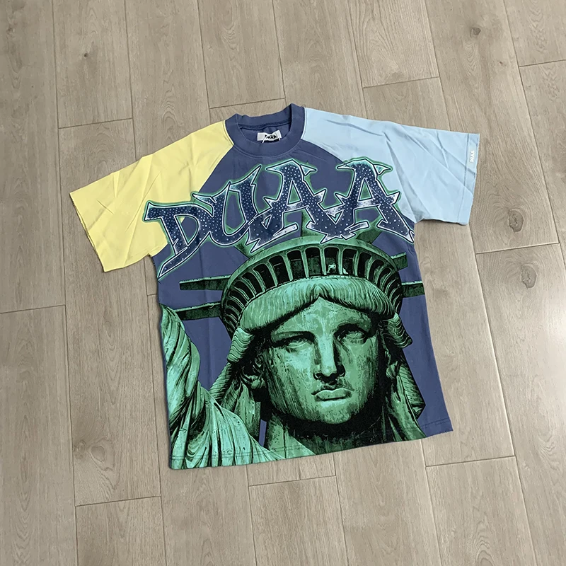 DUAA Mens Casual T-Shirt Statue of Liberty Graphic Color Block Rhinestone Streetwear Short Sleeve