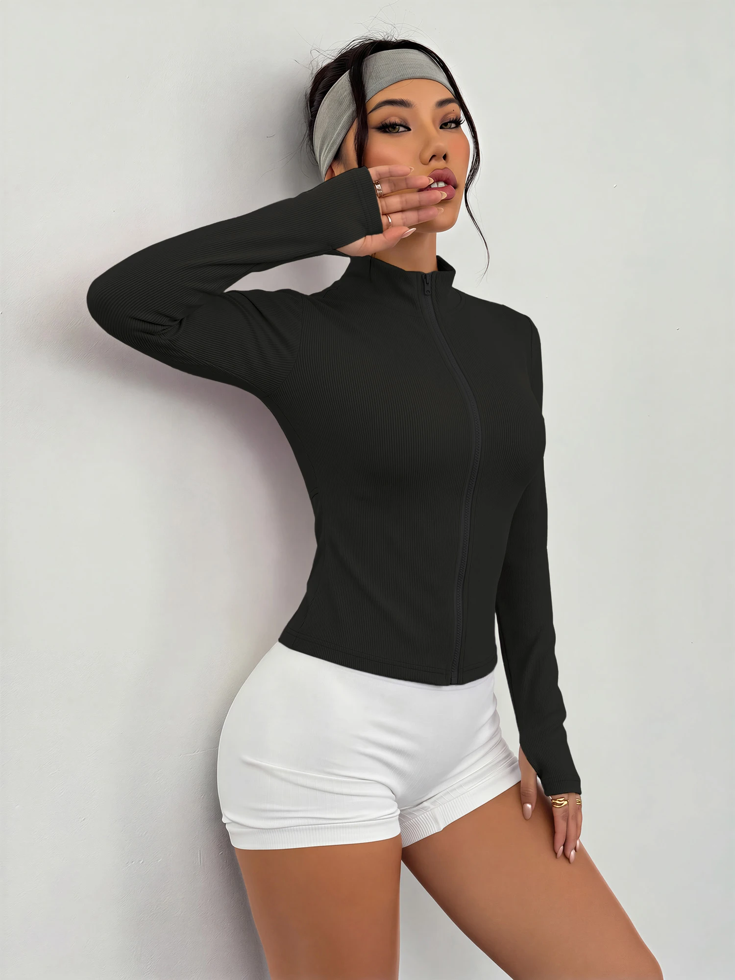 Women Y2K Streetwear Zip Up Jacket Stand Collar Long Sleeve Ribbed Slim Cropped Casual Top