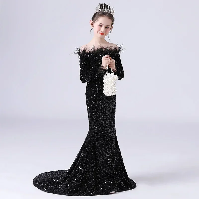 Child Girl Black Gown Strapless Off Shoulder Backless Long Sleeve Floor Length  Sequin Wedding Evening Party Maxi Dresses