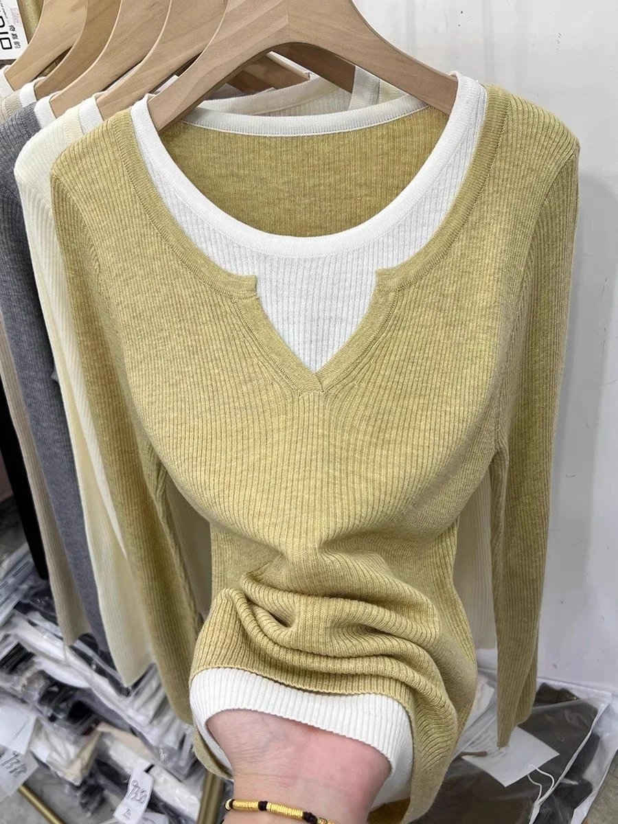 

Женский вязаный длинный свитер свека большого размера, осень 2023, новый цвет, простой топ, искусственный дизайн из двух предметов