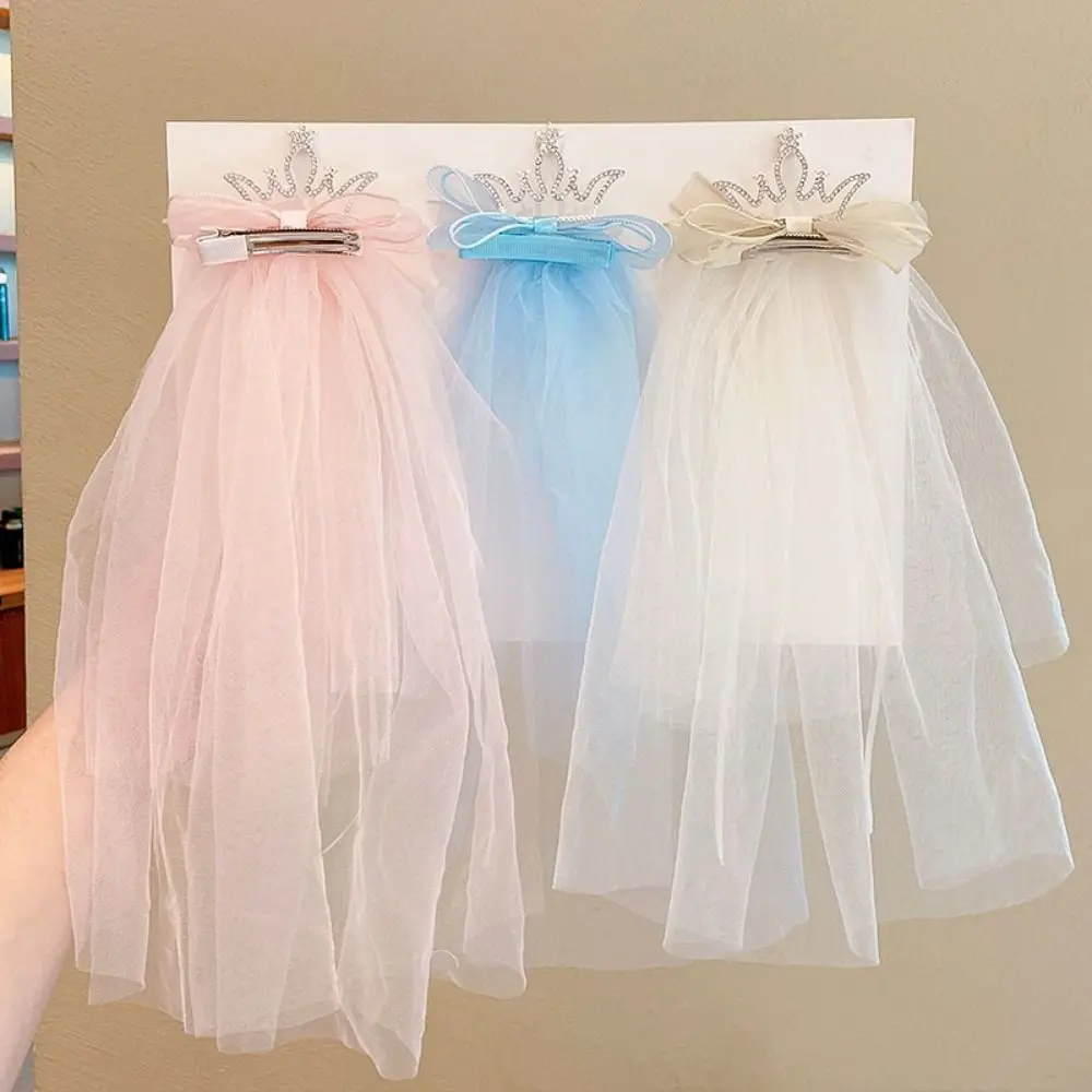 Fashion Girls Pearl Crown Hairpin Children Hairpin Veil Hair Clip Princess Hair Accessories Bow Hair Clip Cute