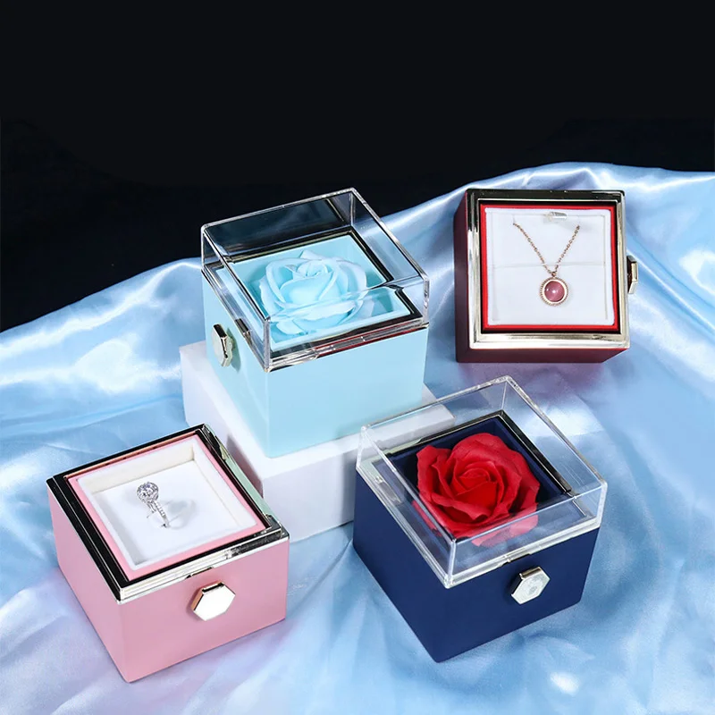 

Valentine Eternal Rose Jewelry Ring Box Rotate Wedding Pendant Necklace Storage Case For Girlfriend Preserved Flower Gift Box