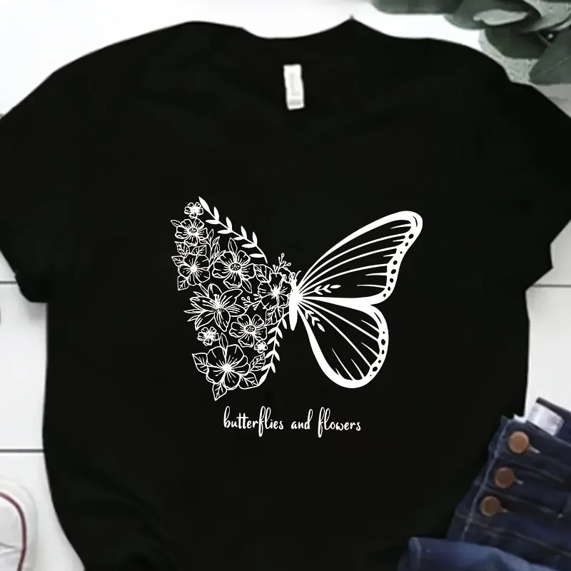 Half winged flower butterfly pattern printed short sleeved top elegant simple and fashionable It is a must have top for dressing