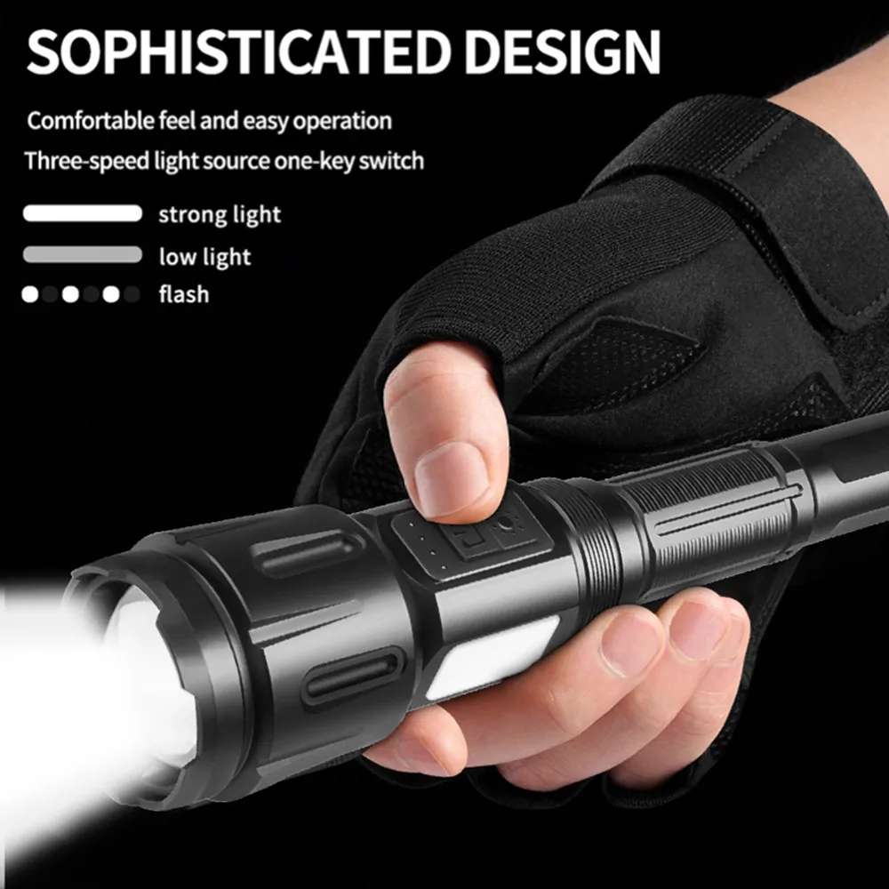 

F2 Camping High Power Xhp90+12*Led Side Light Zoom Flashlight With Led Side Light Telescopic Type-C Charging Long-Range Torch