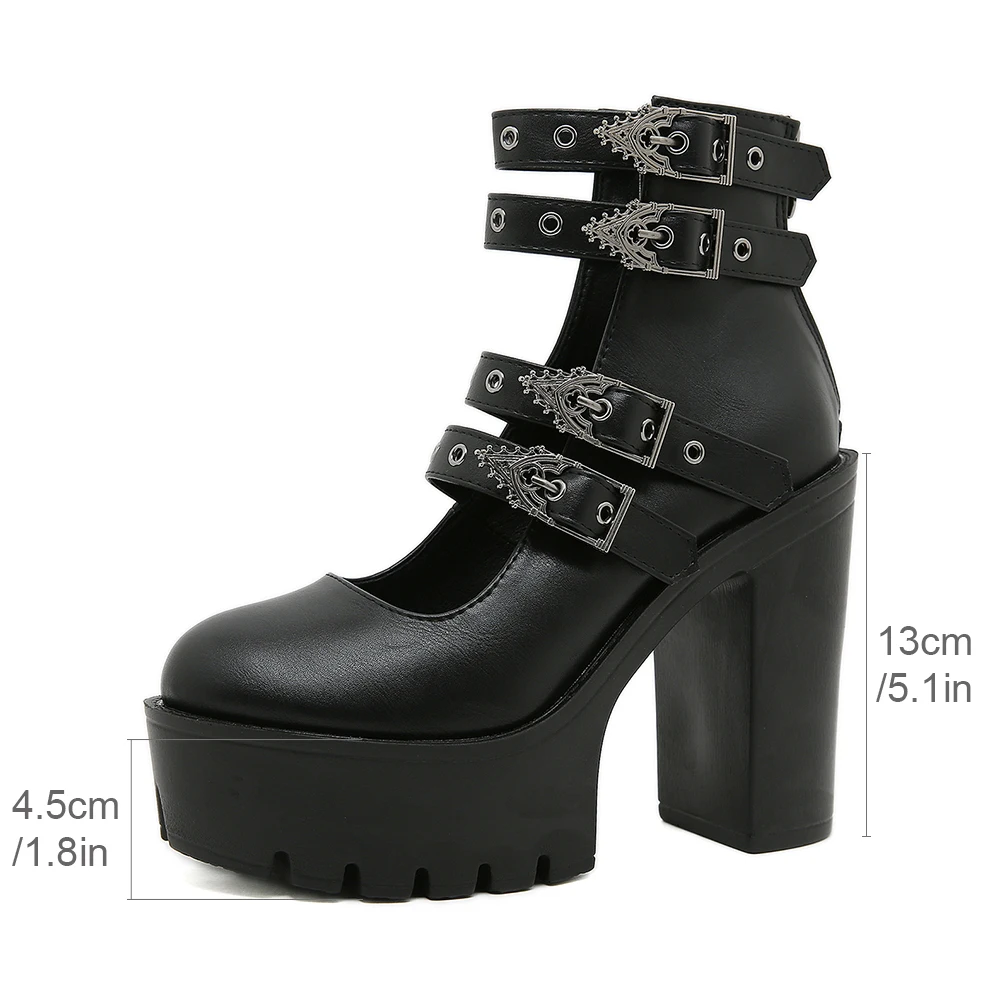 Gdgydh Goth Style Women Block Heels for Halloween Fashion Buckle Strap Dress Pumps Platform Mary Jane Shoes Stylish Back Zipper