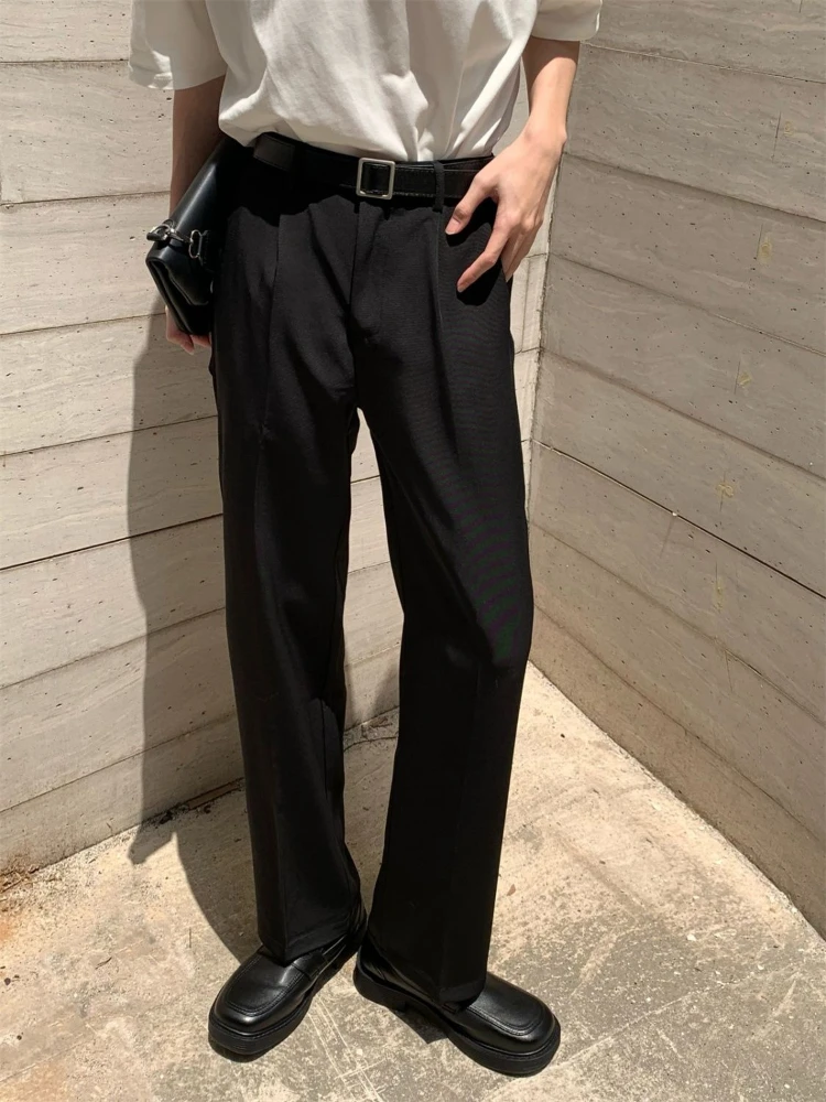 Korean Style Non-Iron Draped Men's Black Straight Leg Casual Trousers