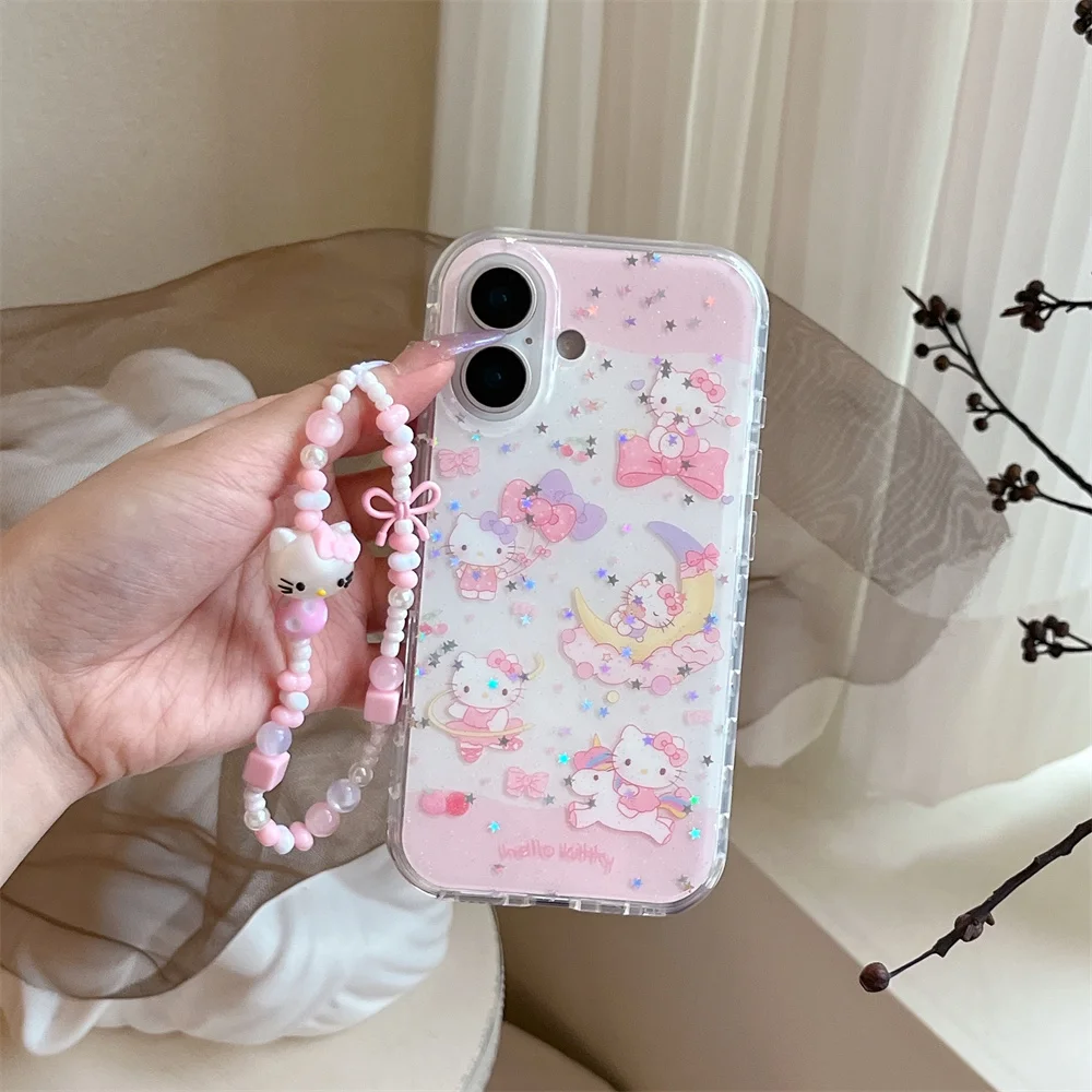 

Anime Cartoon Hello Kitty Mini Strap Kawaii Phone Case For iPhone 16 15 14 12 13 Pro Max Plus XR XS MAX Dreamy fairy tales Cover