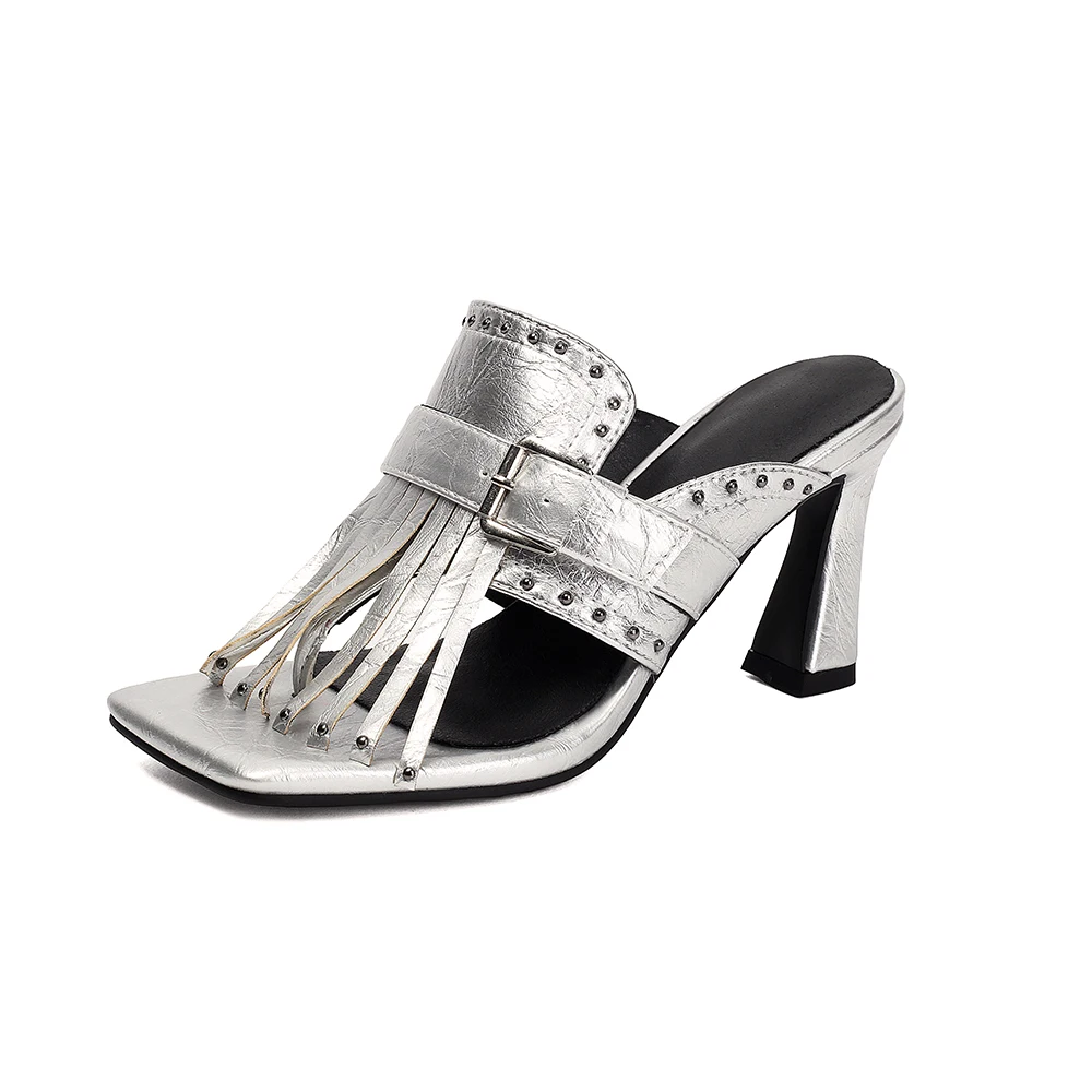  Summer Fashion Black Women Slippers Tassel Square Toe High Heel Lady Slides Large Plus Size 43 45 48 Non-slip
