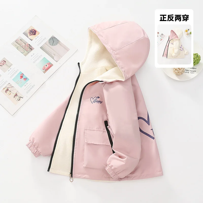

Teen Girls Fleece Coat Kids Padded Double-Sided Jacket Letter Print Loose Hooded Windbreaker Winter Kids Warm Outerwears