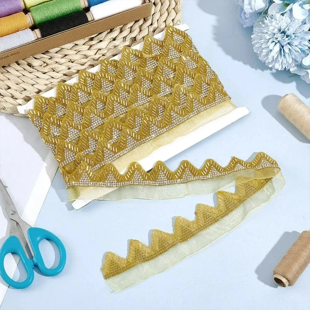 5 ياردة زخرفة الدانتيل المعدني 1-5/8 بوصة موجة حجر الراين حبة الشريط لفساتين الزفاف المزيد