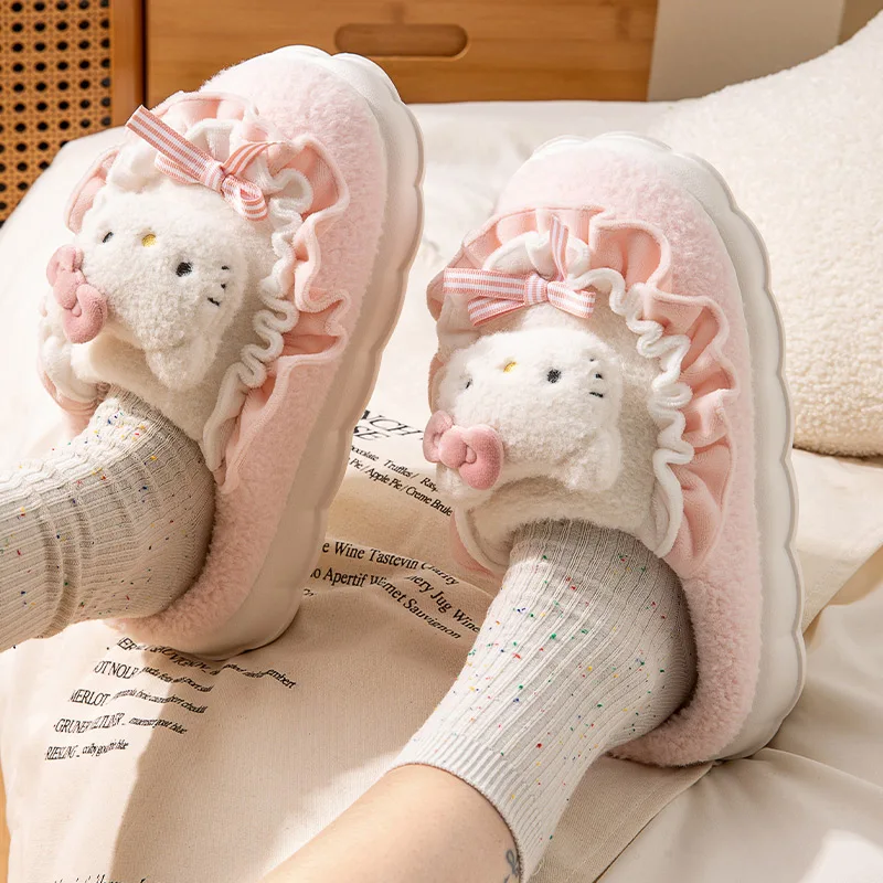 Sanrio Kawaii Cinnamoroll Womens Slippers Kuromi Hello Kitty Plush Cartoon Cute Sweet Suitable Indoor Outdoor Winter Shoes