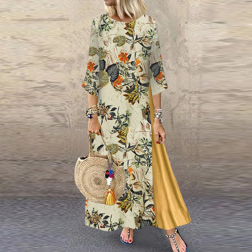 

Women's Dress Floral Printed O Neck Fashion Loose Elegant Print 3/4 Sleeve Vintage Casual Long Dresses Women Vestidos Clothing