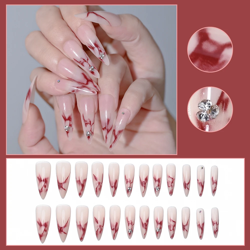 24 PCs/Box Long Almond Shaped Press on Nail Tips Wearable Novelty Bloody Blending Love Rhinestones False Nail Detachable & Tools