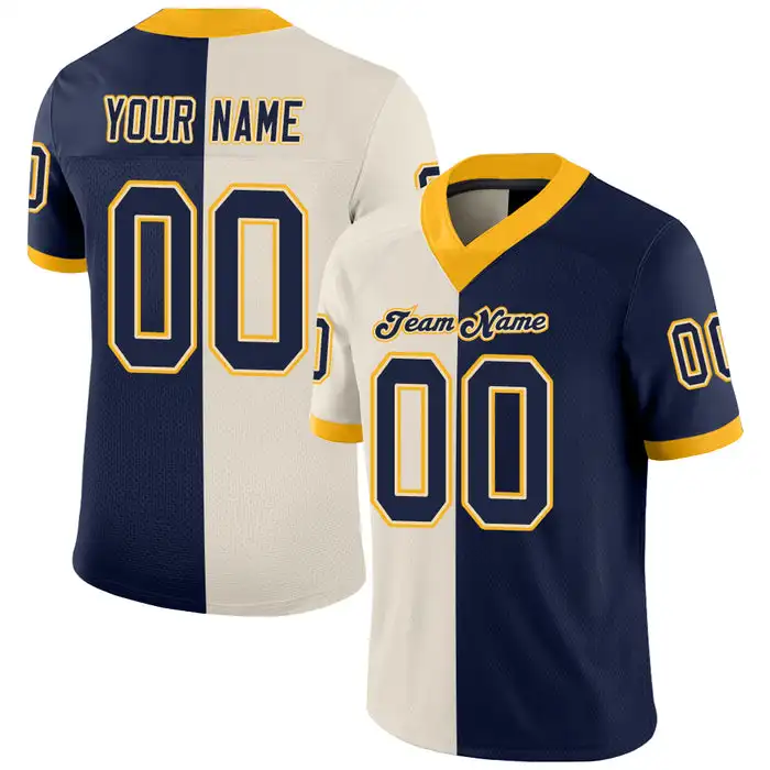 

Custom Cream Navy-Gold Mesh Split Fashion Personalized Football Jersey