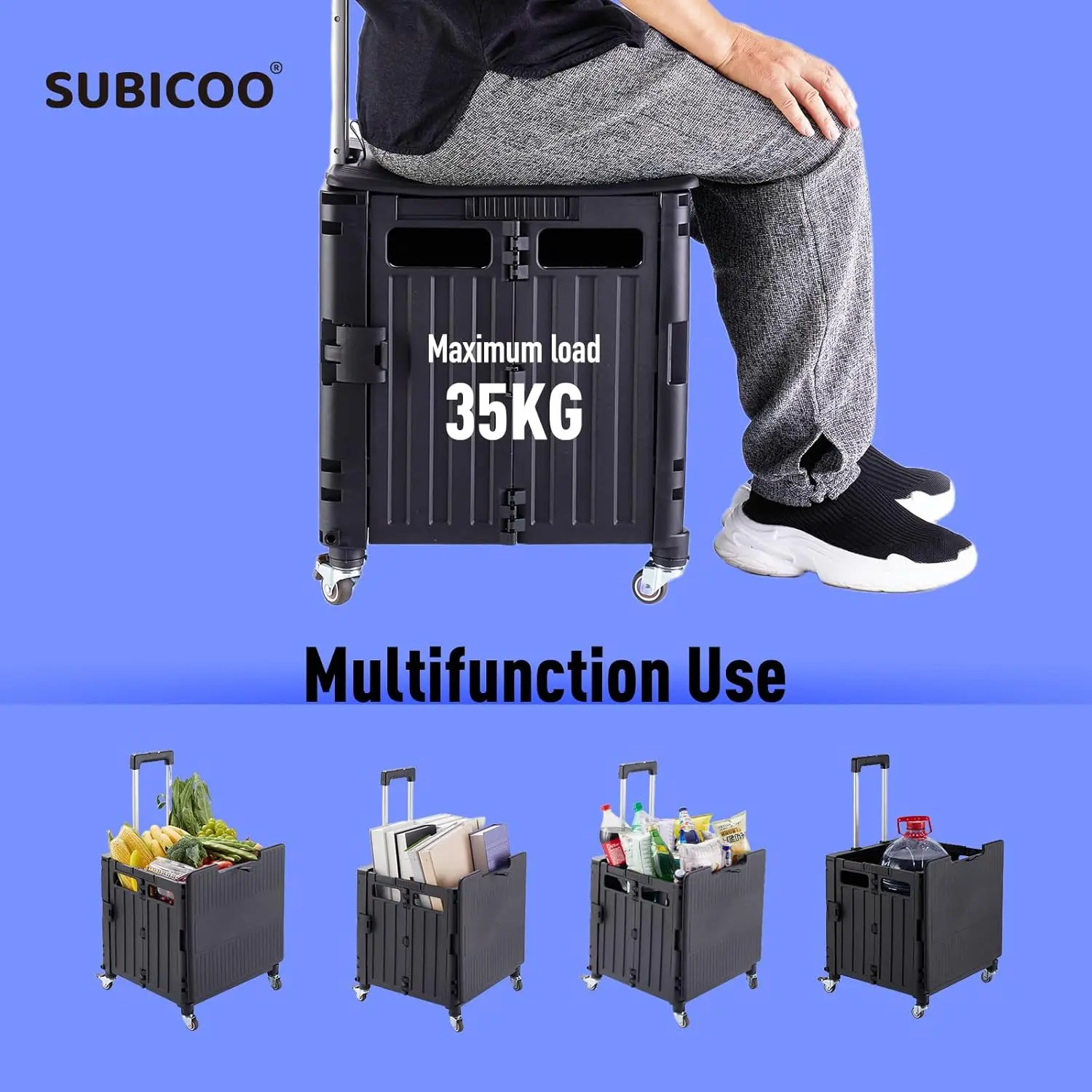 Folding Utility Cart Portable Rolling Crate Handcart Shopping Trolley Collapsible Tool Box, With Lid, On 4 Rotate Wheels, For