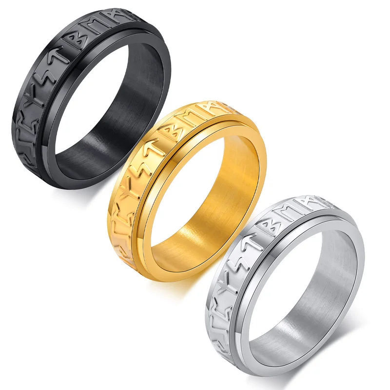 Design Gold Nordic Viking Script Stainless Steel Rotating Ring for Men Size 6-11